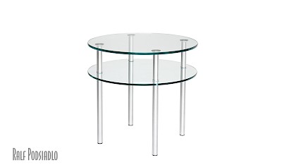 Beistelltisch / runder Glastisch mit Glas-Ablage, sehr hoch, Edelstahl
