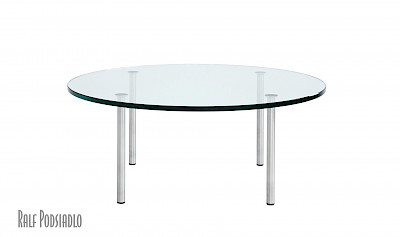 Design-Tisch OBJEKT-30-IN-RUND nach Mass Modell-Glasplatte Beine Edelstahl