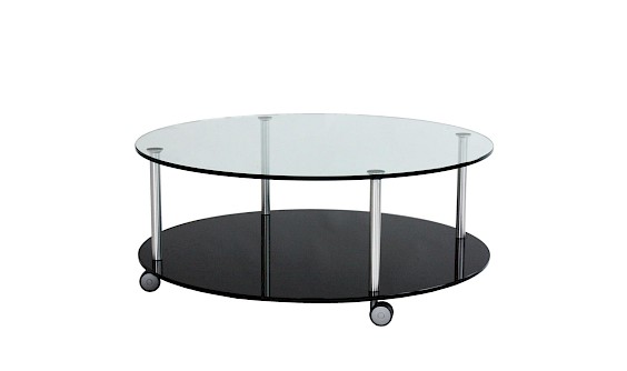 Glastische mit zwei runden Glasplatten und Rollen